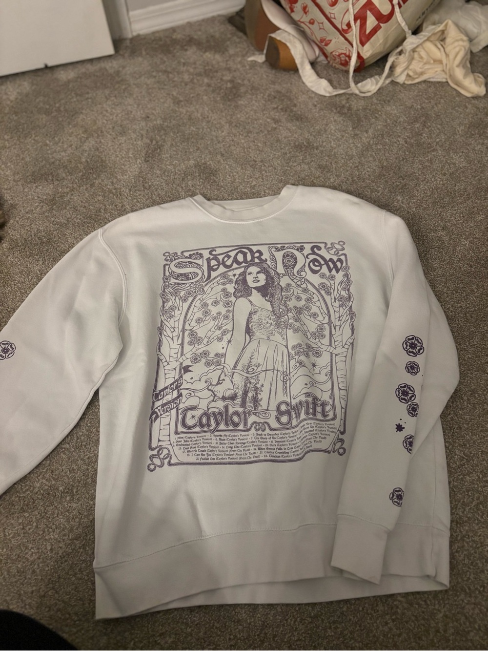 Taylor Swift Inspired White Graphic Sweatshirt - Lavender Print